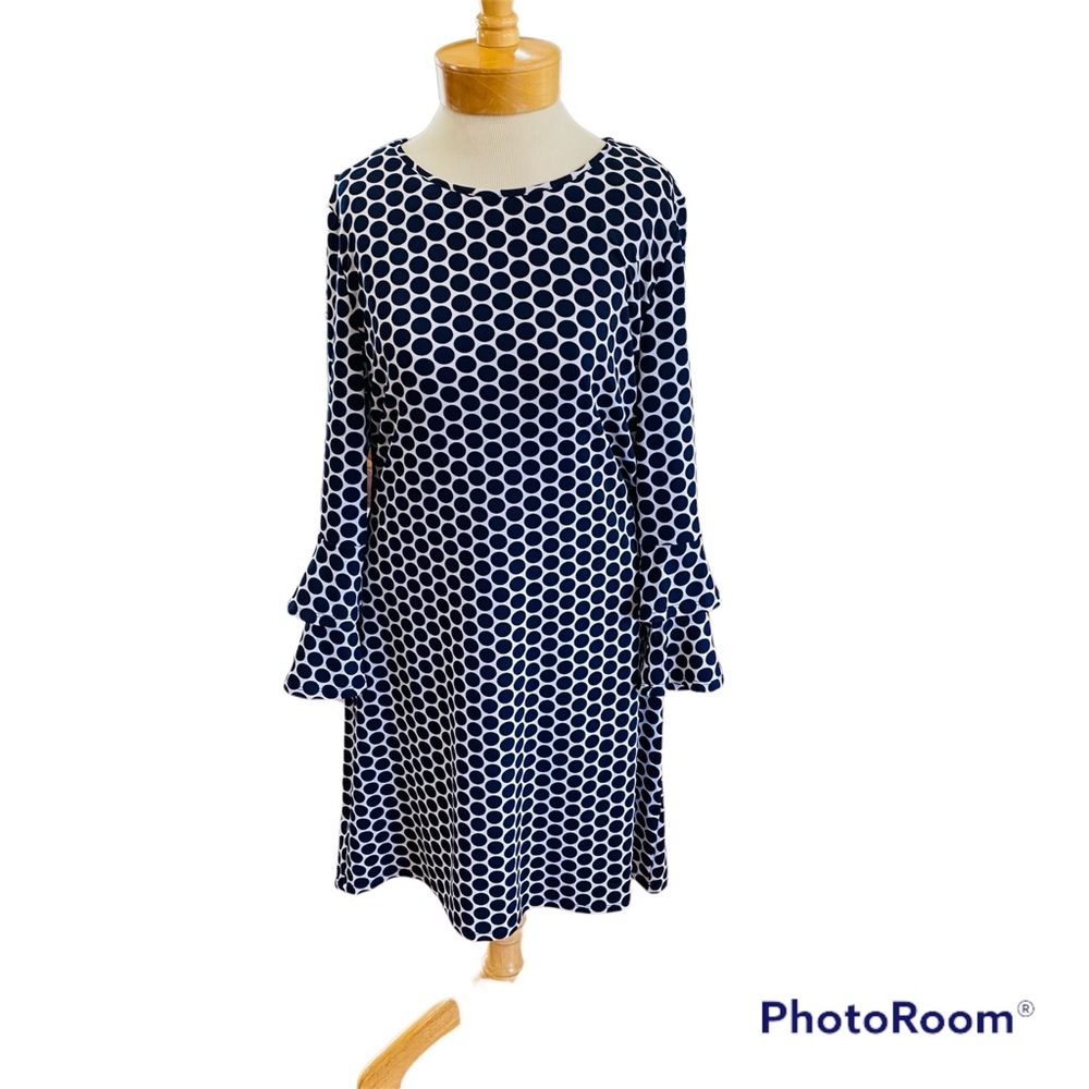 Tacera Blue White Polka Dot Large Dress Flounce Bell Sleeves Knee Length Career